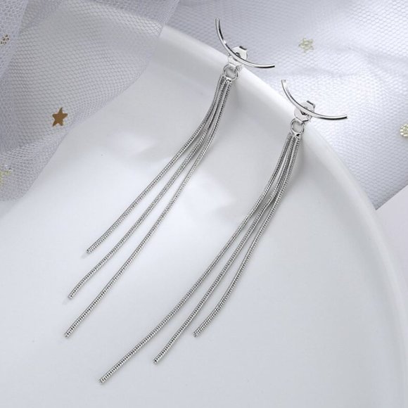 925 Sterling Silver Thin Long Chain Tassel Drop Bar Earrings - Picture 2 of 5